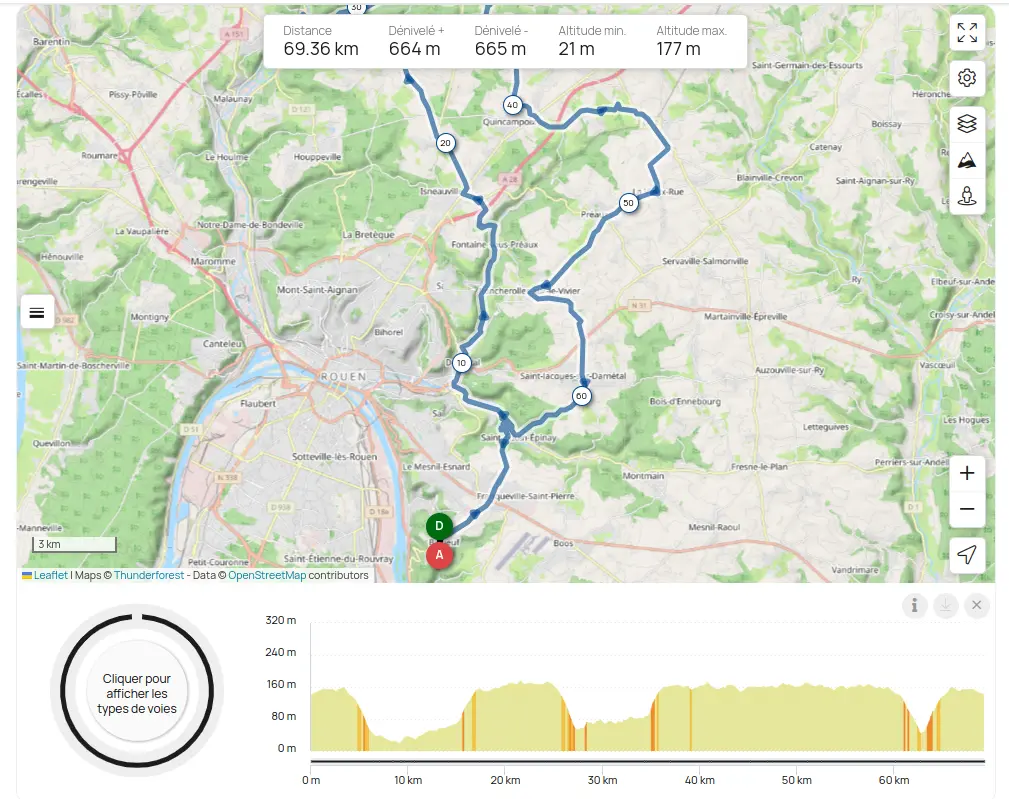 la carte d'un parcours routier au club Cyclo belbeuf