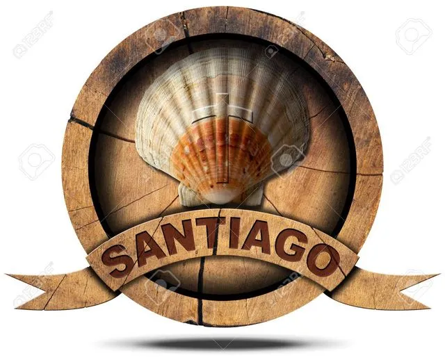 L'entête avec le nom santiago, la coquille St Jacques et un fût 